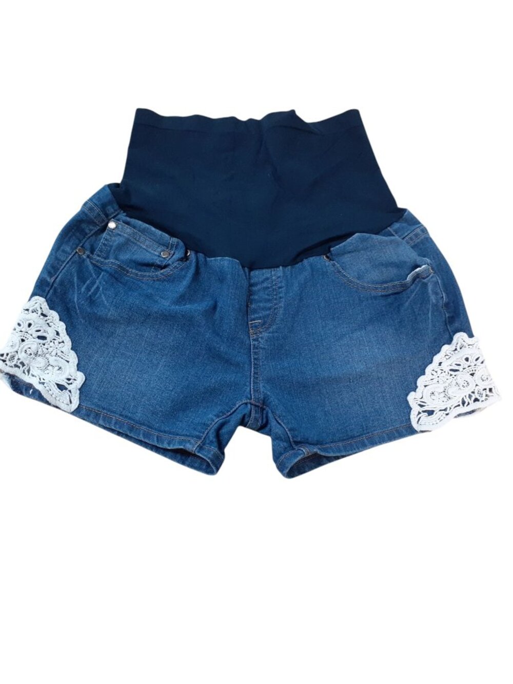 Bella Vida Maternity Embellished Denim Shorts Womens Size Large Blue Crochet Acc
